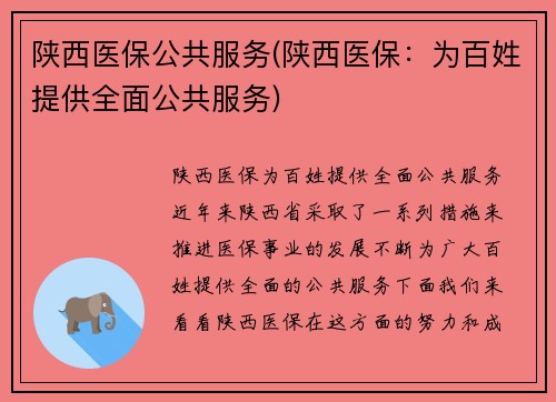 陕西医保公共服务(陕西医保：为百姓提供全面公共服务)